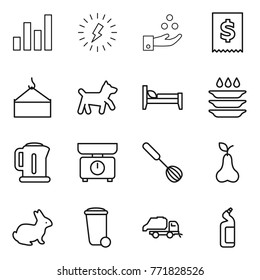 Thin Line Icon Set : Graph, Lightning, Chemical Industry, Tax, Loading Crane, Dog, Bed, Plate Washing, Kettle, Kitchen Scales, Whisk, Pear, Rabbit, Trash Bin, Truck, Toilet Cleanser