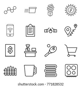 Thin line icon set : graph, delivery, bulb, sun power, phone wireless, clipboard, drawbridge, route, tax, customs control, tennis, cart, fence, cup, towels, hob