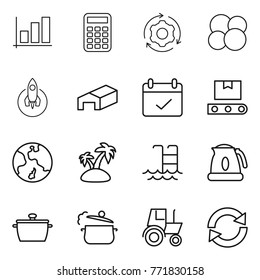 Thin line icon set : graph, calculator, around gear, atom core, rocket, warehouse, terms, transporter tape, earth, island, pool, kettle, pan, steam, tractor, reload