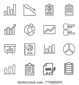 Thin line icon set : graph, crisis, report, clipboard, diagram, circle, statistics, presentation, annual, up, inventory, list