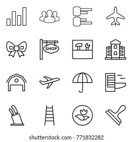 Thin line icon set : graph, group, diagram, plane, bow, shop signboard, tools, building, barn, dry cargo, hotel, stands for knives, stairs, ecology, scraper