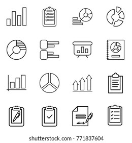 Thin line icon set : graph, clipboard, diagram, circle, presentation, annual report, up, pen, check, inventory, list