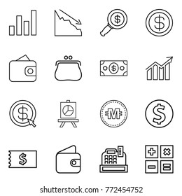 Thin line icon set : graph, crisis, dollar magnifier, wallet, purse, money, diagram, arrow, presentation, crypto currency, coin, receipt, cashbox, calculator
