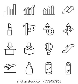 Thin line icon set : graph, diagram, up, down arrow, lipstick, tower crane, trip, route, package, air ballon, escalator, departure, cleanser, powder, please clean