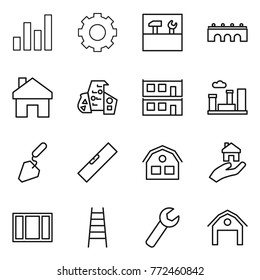 Thin line icon set : graph, gear, tools, bridge, home, modern architecture, modular house, city, construction, level, real estate, window, stairs, wrench, barn