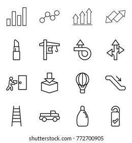 Thin line icon set : graph, up, down arrow, lipstick, tower crane, trip, route, courier delivery, package, air ballon, escalator, stairs, pickup, cleanser, please clean