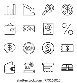 Thin line icon set : graph, crisis, dollar magnifier, wallet, money, annual report, percent, message, crypto currency, coin, receipt, cashbox, atm