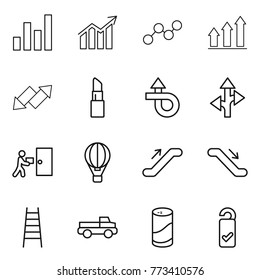 Thin line icon set : graph, diagram, up, down arrow, lipstick, trip, route, courier delivery, air ballon, escalator, stairs, pickup, cleanser powder, please clean