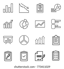 Thin line icon set : graph, crisis, report, diagram, circle, statistics, presentation, up, clipboard, pen, check, inventory, list