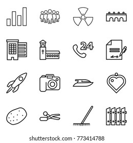 Thin line icon set : graph, team, nuclear, bridge, houses, church, phone 24, inventory, rocket, camera, yacht, heart pendant, potato, scissors, rake, fence