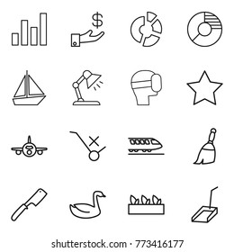 Thin line icon set : graph, investment, circle diagram, boat, table lamp, virtual mask, star, plane, do not trolley sign, train, broom, chef knife, goose, seedling, scoop