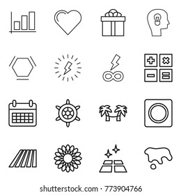 Thin line icon set : graph, heart, gift, bulb head, hex molecule, lightning, infinity power, calculator, calendar, handwheel, palm hammock, ring button, field, flower, clean floor, spot