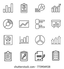 Thin line icon set : graph, report, diagram, circle, statistics, presentation, annual, up, clipboard, pen, inventory, list
