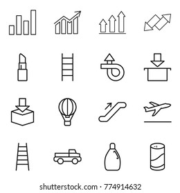 Thin line icon set : graph, diagram, up, down arrow, lipstick, stairs, trip, package, air ballon, escalator, departure, pickup, cleanser, powder