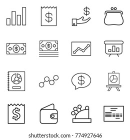 Thin line icon set : graph, receipt, investment, purse, money, statistics, presentation, annual report, message, wallet, cashbox, invoice