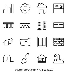 Thin line icon set : graph, gear, home, tools, bridge, skyscrapers, bunker, houses, slum, window, brick wall, measuring tape, construction, water tap