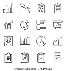 Thin line icon set : graph, crisis, report, clipboard, diagram, circle, presentation, annual, up, pen, check, list