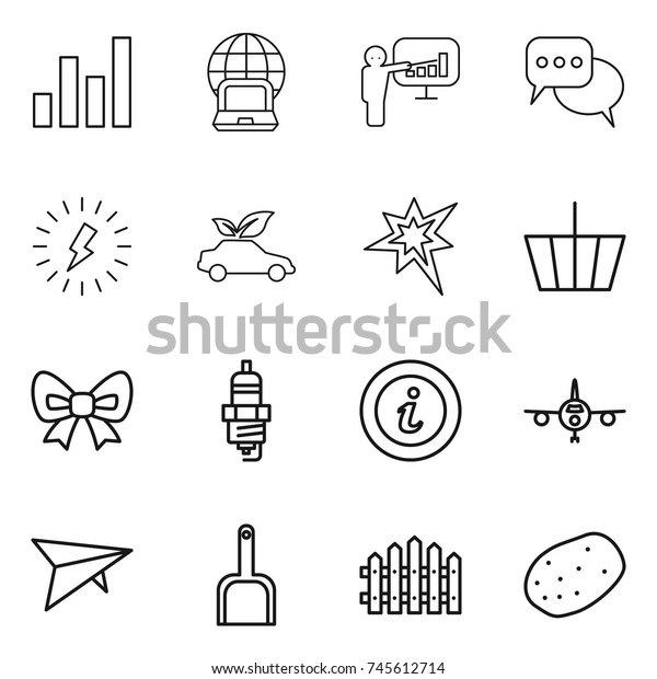 thin line icon set :\
graph, notebook globe, presentation, discussion, lightning, eco\
car, bang, basket, bow, spark plug, info, plane, deltaplane, scoop,\
fence, potato