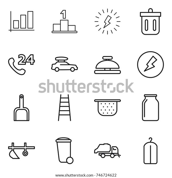 thin line icon set : graph,
pedestal, lightning, bin, phone 24, car baggage, service bell,
electricity, scoop, stairs, colander, bank, plow, trash, truck, dry
wash