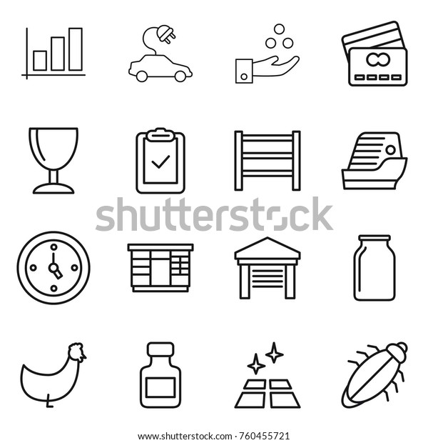 Thin line icon set : graph, electric car, chemical\
industry, credit card, wineglass, clipboard check, rack, cruise\
ship, watch, wardrobe, garage, bank, chicken, pills bottle, clean\
floor, bug