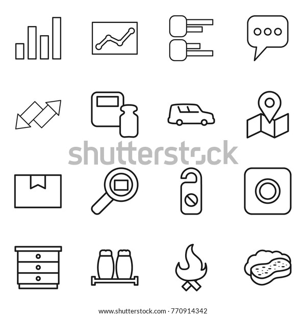 Thin line icon set : graph, statistics, diagram,\
message, up down arrow, scales weight, car shipping, map, package\
box, cargo search, do not distrub, ring button, chest of drawers,\
salt pepper, fire
