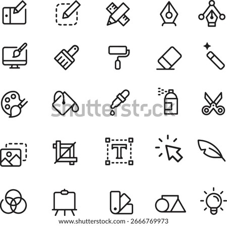 Thin line icon set for graphic designer interface ui edit draw sketch brushes pen tool text paintbrush scissors spray can color palette ruler. Pixel perfect icons, editable stroke.
