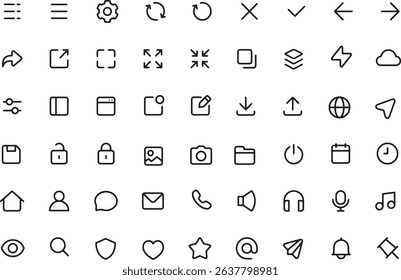 Thin line icon set for graphical user interface ui of mobile app web application software button. Pixel perfect icons, editable stroke.