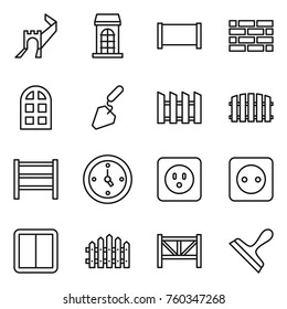 Thin line icon set : great wall, building, fence, brick, arch window, construction, rack, watch, power socket, switch, farm, scraper