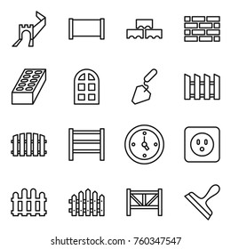 Thin line icon set : great wall, fence, block, brick, arch window, construction, rack, watch, power socket, farm, scraper
