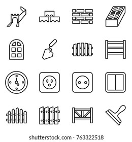 Thin line icon set : great wall, block, brick, arch window, construction, fence, rack, watch, power socket, switch, farm, scraper