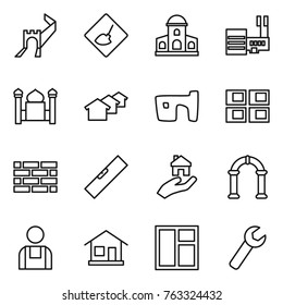 Thin line icon set : great wall, under construction, mansion, mall, minaret, houses, slum, panel house, brick, level, real estate, arch, workman, home, window, wrench