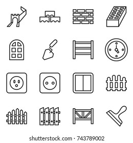 thin line icon set : greate wall, block, brick, arch window, construction, rack, watch, power socket, switch, fence, farm, scraper