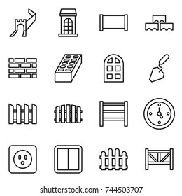 thin line icon set : greate wall, building, fence, block, brick, arch window, construction, rack, watch, power socket, switch, farm