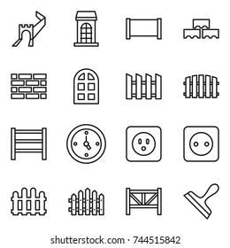 thin line icon set : greate wall, building, fence, block, brick, arch window, rack, watch, power socket, farm, scraper