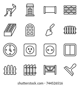 thin line icon set : greate wall, building, fence, brick, arch window, construction, watch, power socket, switch, farm, scraper