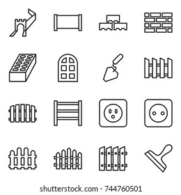 thin line icon set : greate wall, fence, block, brick, arch window, construction, rack, power socket, scraper