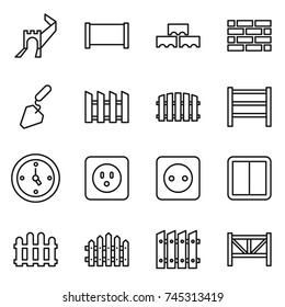 thin line icon set : greate wall, fence, block, brick, construction, rack, watch, power socket, switch, farm