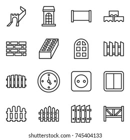 thin line icon set : greate wall, building, fence, block, brick, arch window, watch, power socket, switch, farm