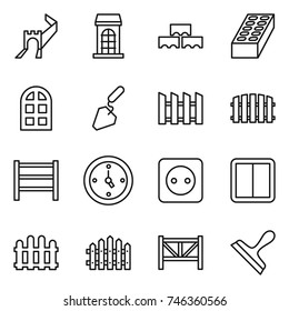 thin line icon set : greate wall, building, block, brick, arch window, construction, fence, rack, watch, power socket, switch, farm, scraper