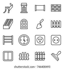 thin line icon set : greate wall, building, fence, brick, arch window, construction, rack, watch, power socket, switch, scraper