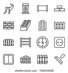 thin line icon set : greate wall, building, fence, block, brick, arch window, rack, watch, power socket, switch, scraper