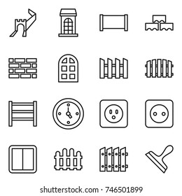 thin line icon set : greate wall, building, fence, block, brick, arch window, rack, watch, power socket, switch, scraper
