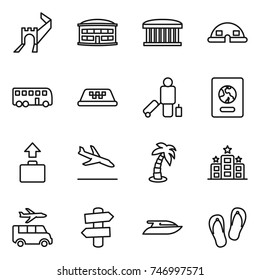 thin line icon set : greate wall, airport building, dome house, bus, taxi, passenger, passport, baggage, arrival, palm, hotel, transfer, signpost, yacht, flip flops