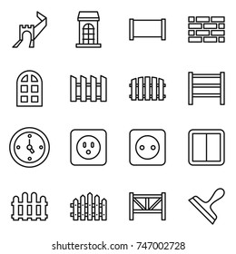 thin line icon set : greate wall, building, fence, brick, arch window, rack, watch, power socket, switch, farm, scraper