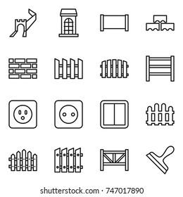 thin line icon set : greate wall, building, fence, block, brick, rack, power socket, switch, farm, scraper