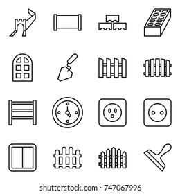 thin line icon set : greate wall, fence, block, brick, arch window, construction, rack, watch, power socket, switch, scraper