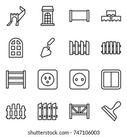 thin line icon set : greate wall, building, fence, block, arch window, construction, rack, power socket, switch, farm, scraper