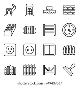 thin line icon set : greate wall, building, block, brick, fence, rack, watch, power socket, switch, farm, scraper