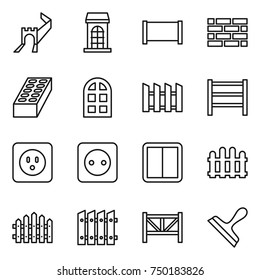 thin line icon set : greate wall, building, fence, brick, arch window, rack, power socket, switch, farm, scraper
