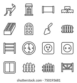 thin line icon set : greate wall, building, fence, block, brick, arch window, construction, rack, watch, power socket, switch, farm